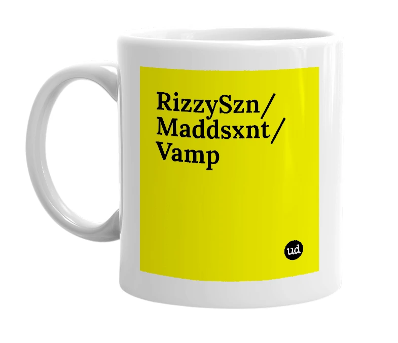 White mug with 'RizzySzn/Maddsxnt/Vamp' in bold black letters