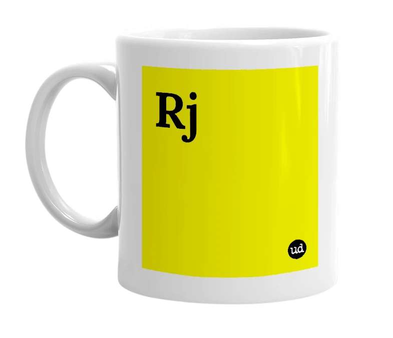 White mug with 'Rj' in bold black letters