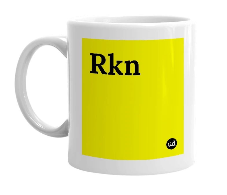 White mug with 'Rkn' in bold black letters