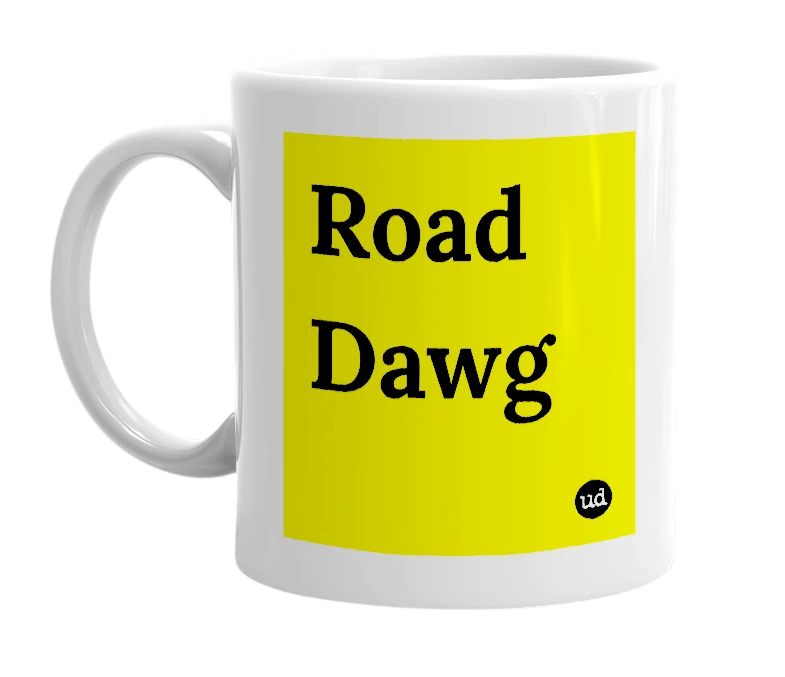White mug with 'Road Dawg' in bold black letters