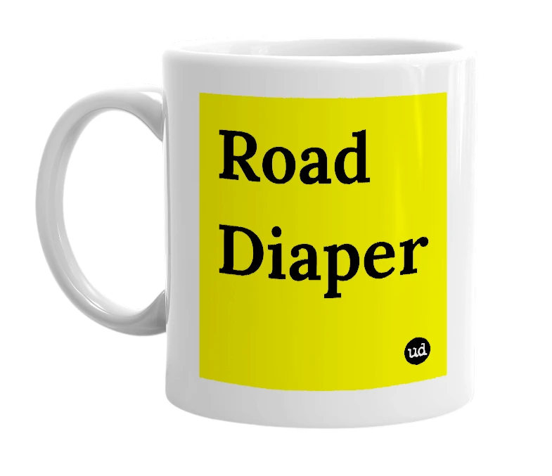 White mug with 'Road Diaper' in bold black letters