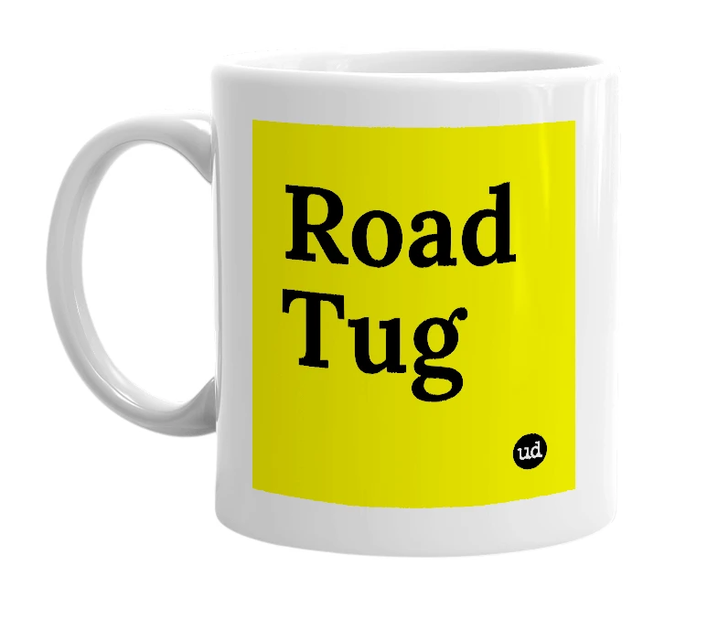 White mug with 'Road Tug' in bold black letters