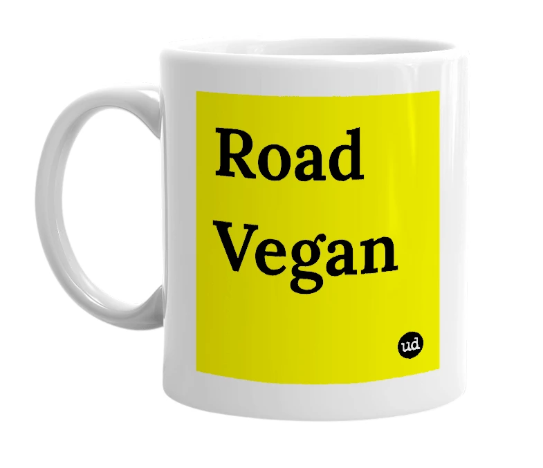 White mug with 'Road Vegan' in bold black letters
