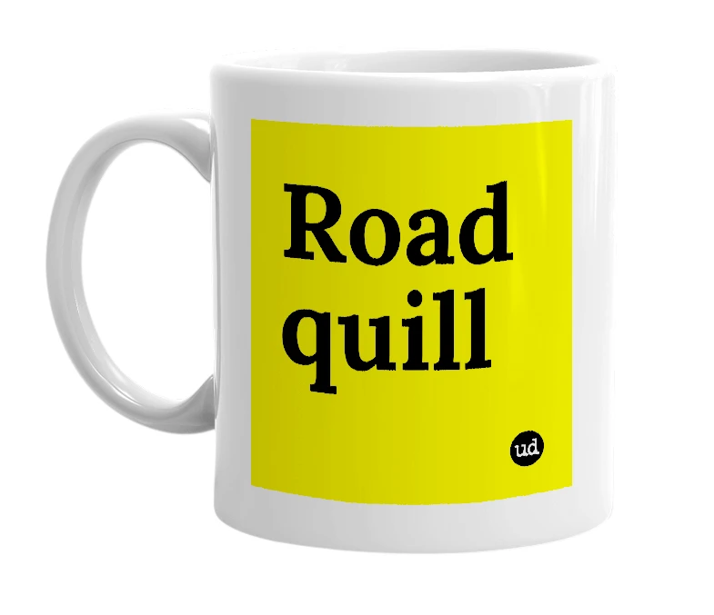 White mug with 'Road quill' in bold black letters