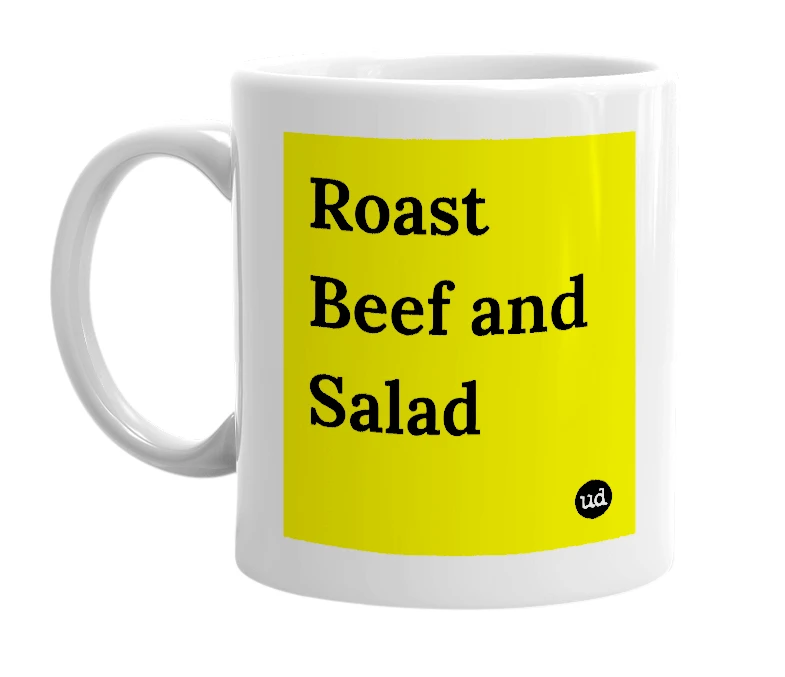 White mug with 'Roast Beef and Salad' in bold black letters