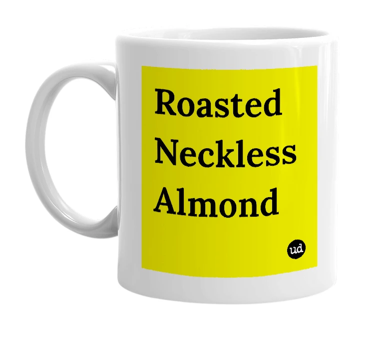 White mug with 'Roasted Neckless Almond' in bold black letters