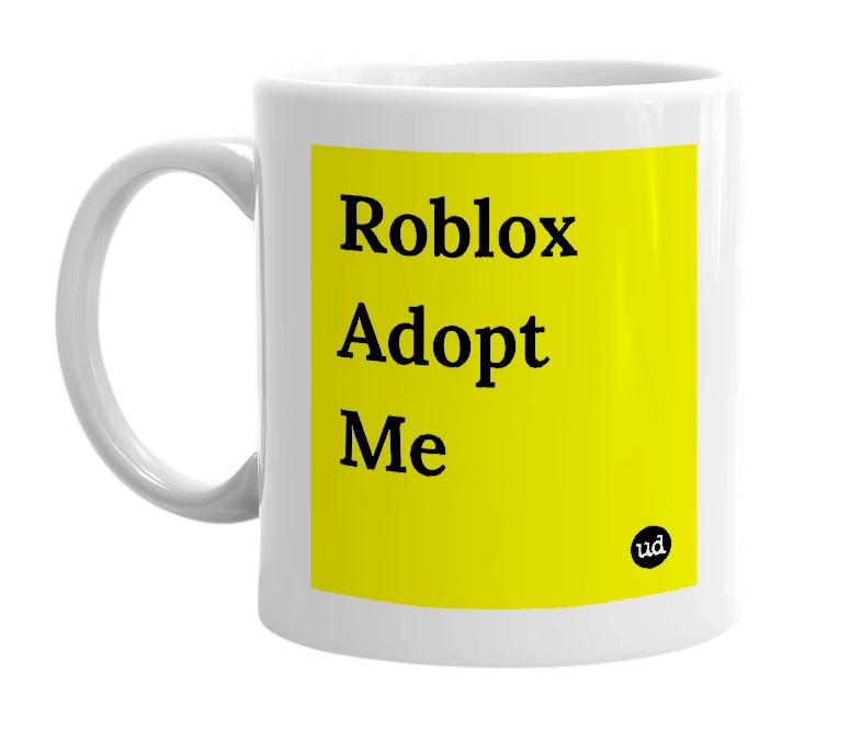 White mug with 'Roblox Adopt Me' in bold black letters
