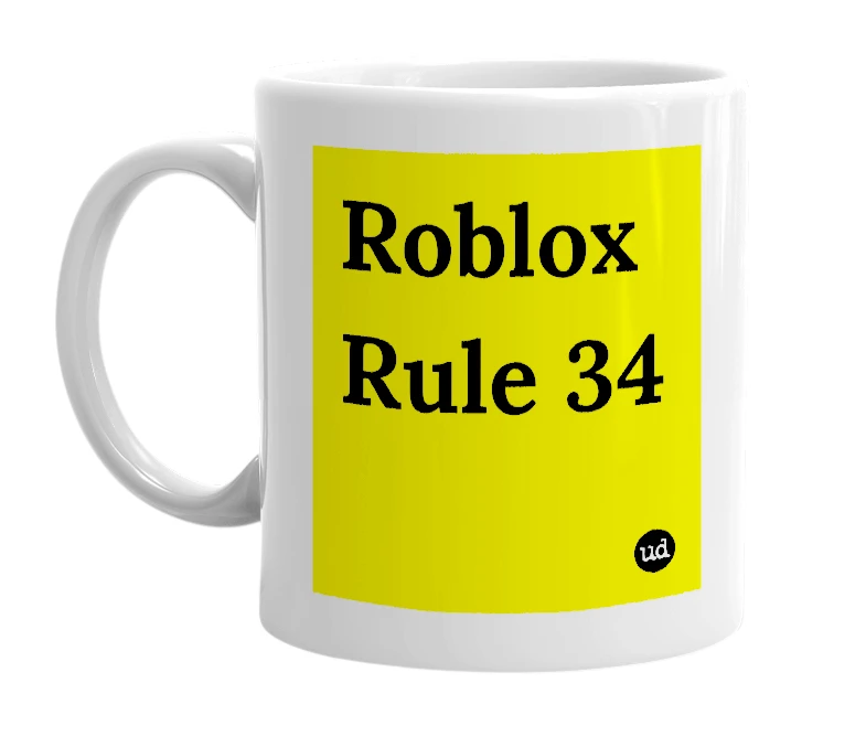 White mug with 'Roblox Rule 34' in bold black letters