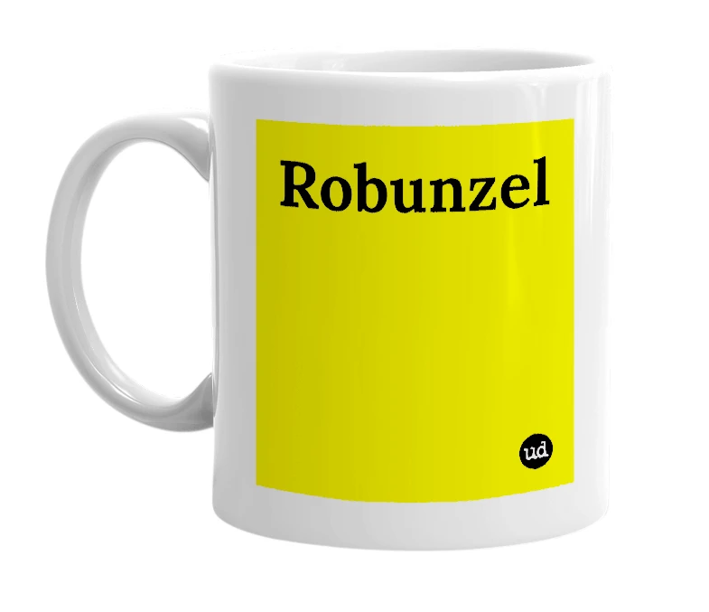 White mug with 'Robunzel' in bold black letters