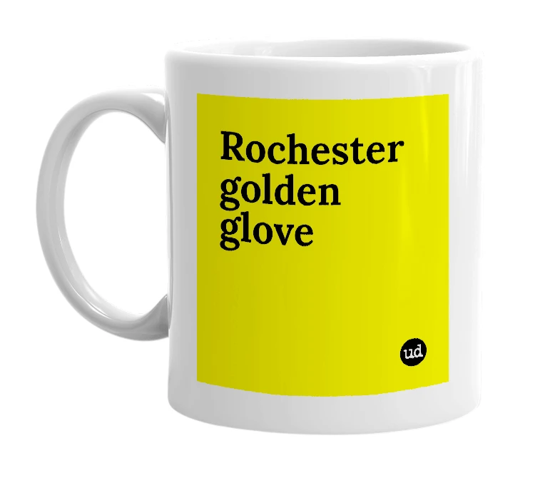 White mug with 'Rochester golden glove' in bold black letters