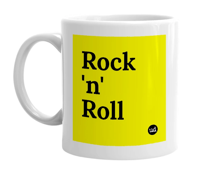 White mug with 'Rock 'n' Roll' in bold black letters