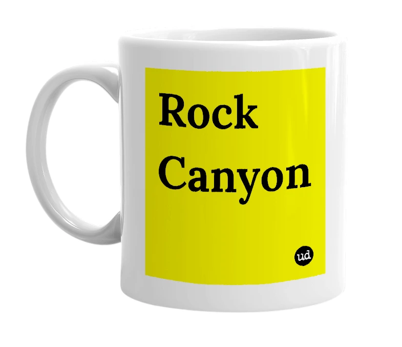 White mug with 'Rock Canyon' in bold black letters