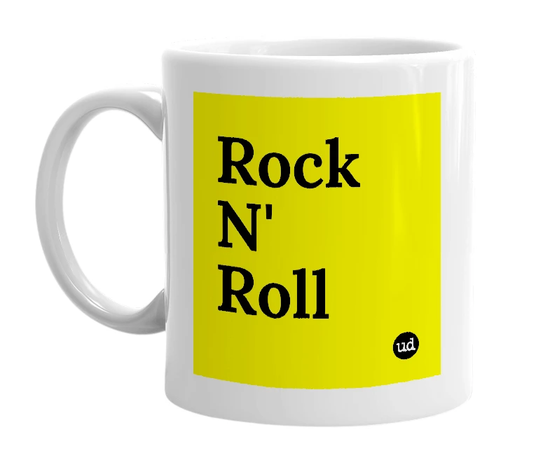 White mug with 'Rock N' Roll' in bold black letters