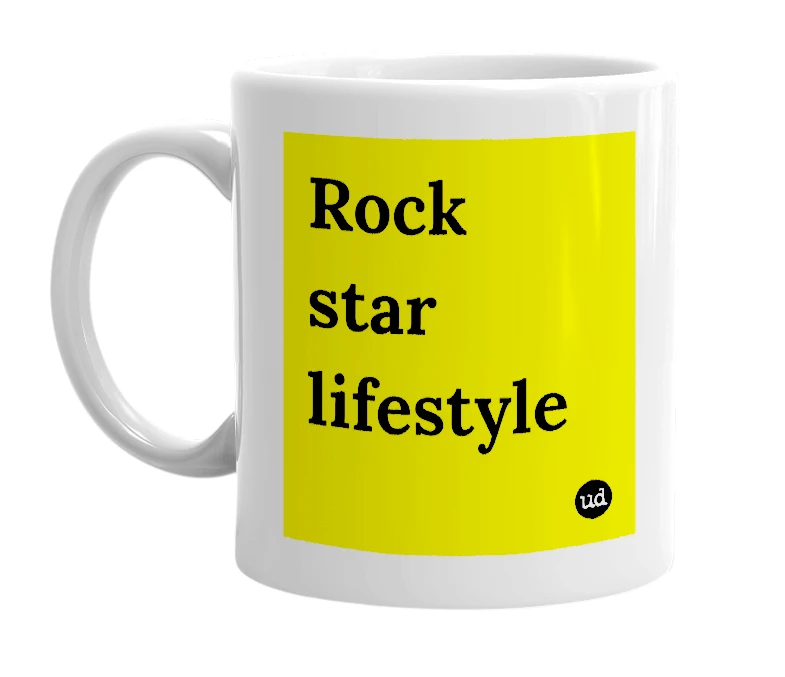 White mug with 'Rock star lifestyle' in bold black letters
