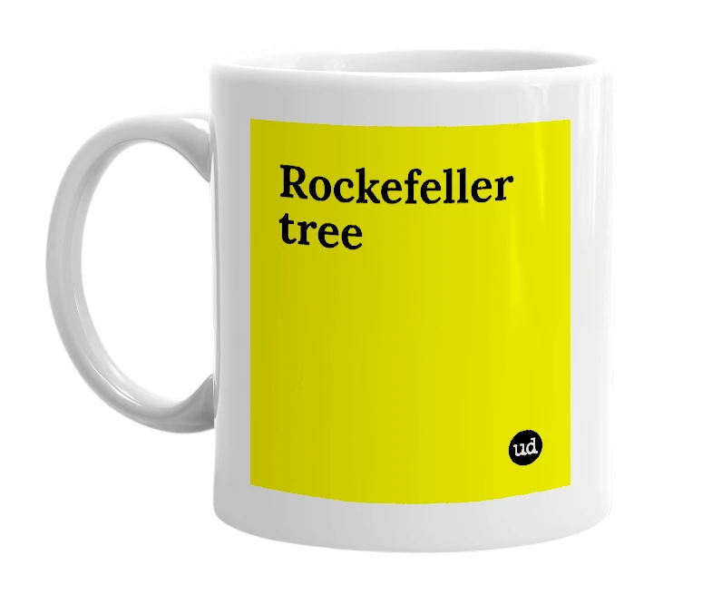White mug with 'Rockefeller tree' in bold black letters