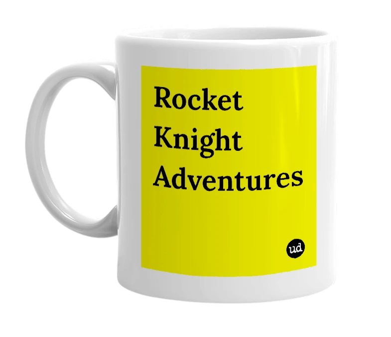 White mug with 'Rocket Knight Adventures' in bold black letters