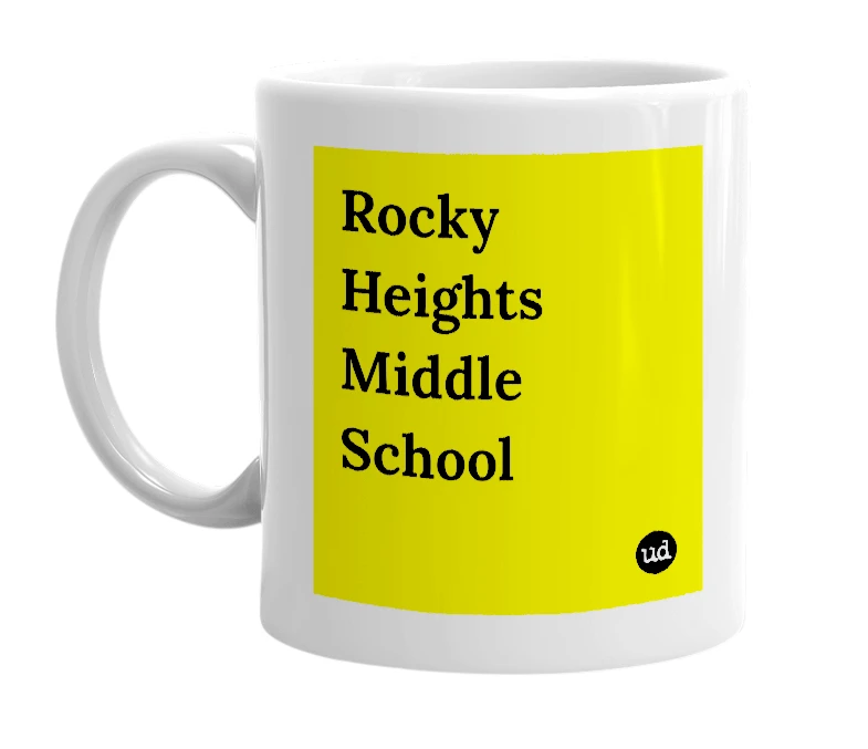 White mug with 'Rocky Heights Middle School' in bold black letters
