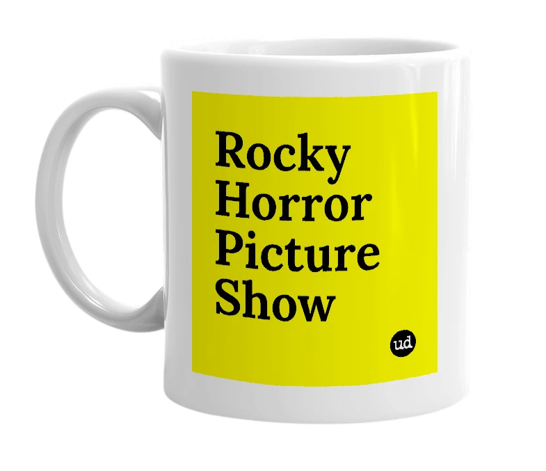 White mug with 'Rocky Horror Picture Show' in bold black letters