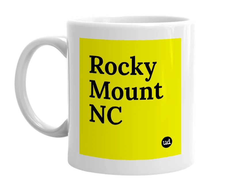 White mug with 'Rocky Mount NC' in bold black letters