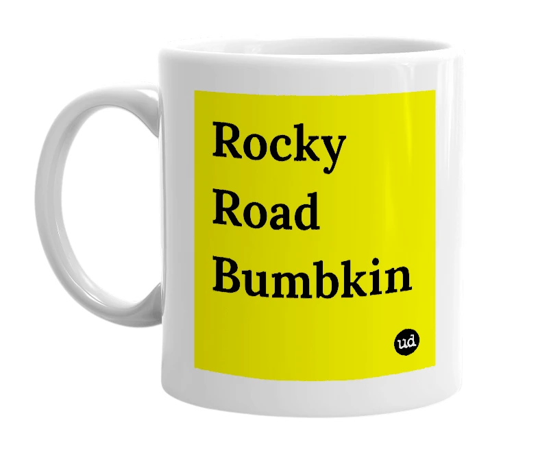 White mug with 'Rocky Road Bumbkin' in bold black letters
