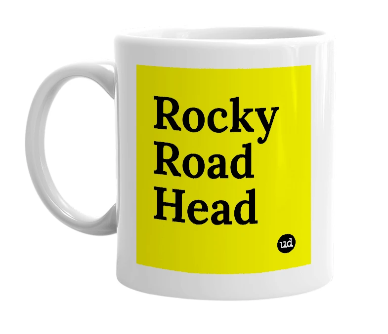 White mug with 'Rocky Road Head' in bold black letters
