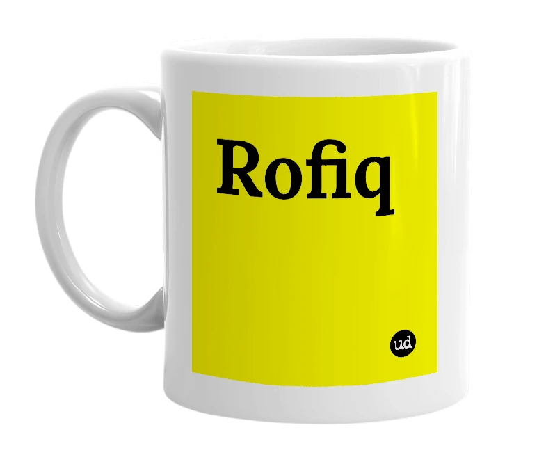 White mug with 'Rofiq' in bold black letters