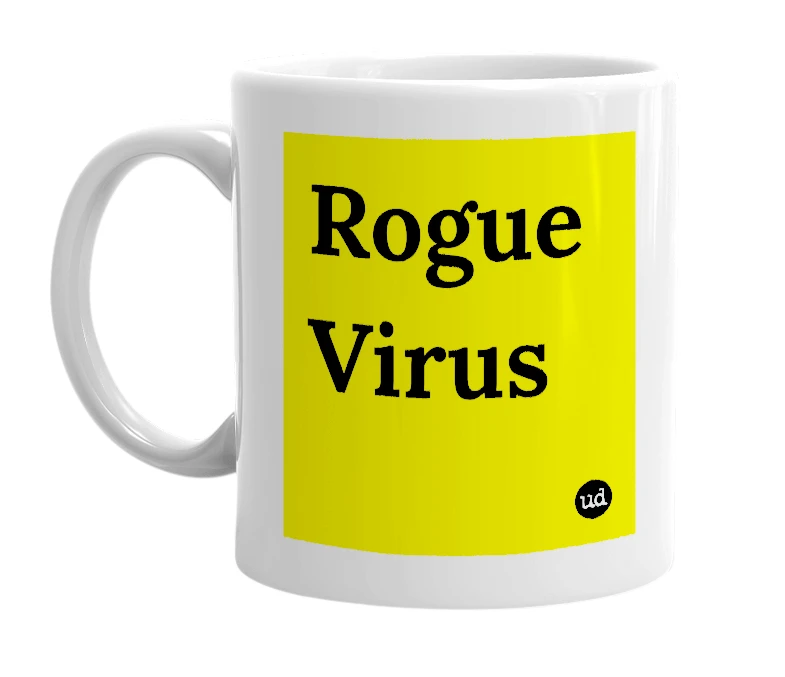 White mug with 'Rogue Virus' in bold black letters