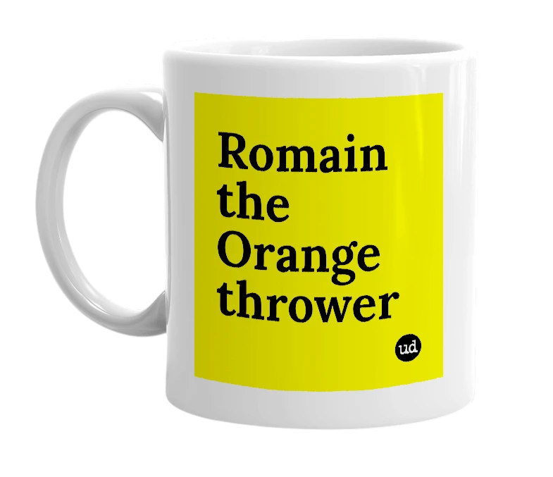 White mug with 'Romain the Orange thrower' in bold black letters