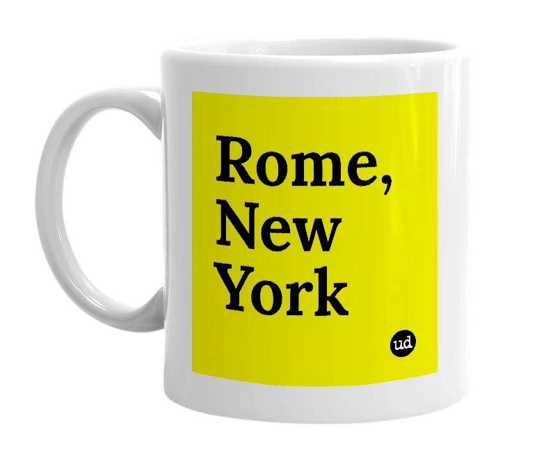 White mug with 'Rome, New York' in bold black letters