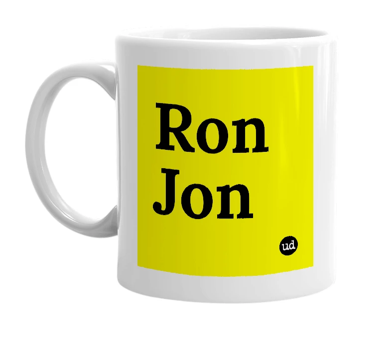 White mug with 'Ron Jon' in bold black letters