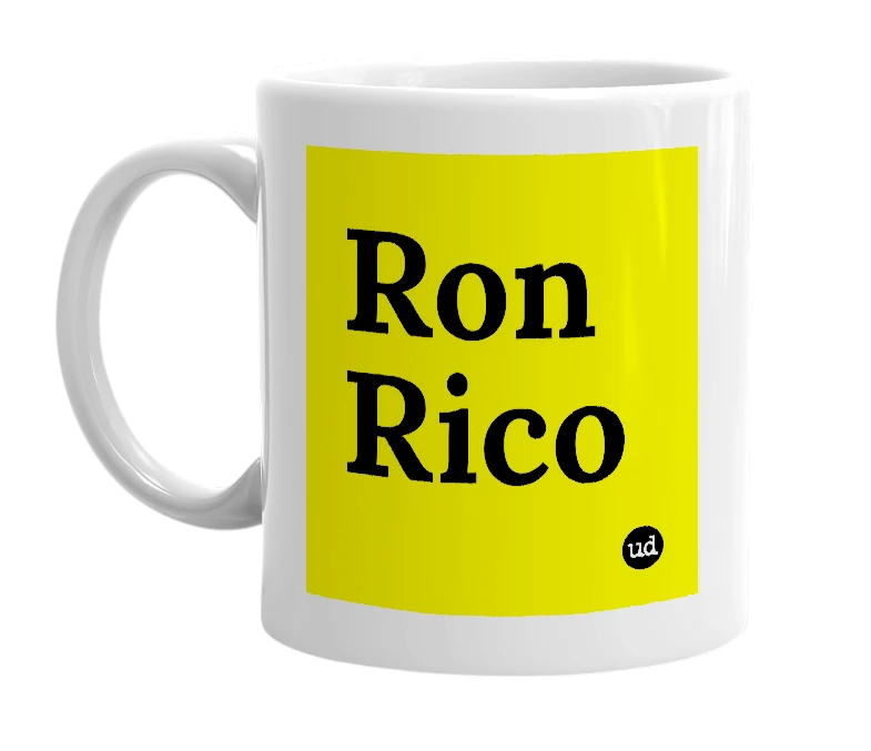 White mug with 'Ron Rico' in bold black letters