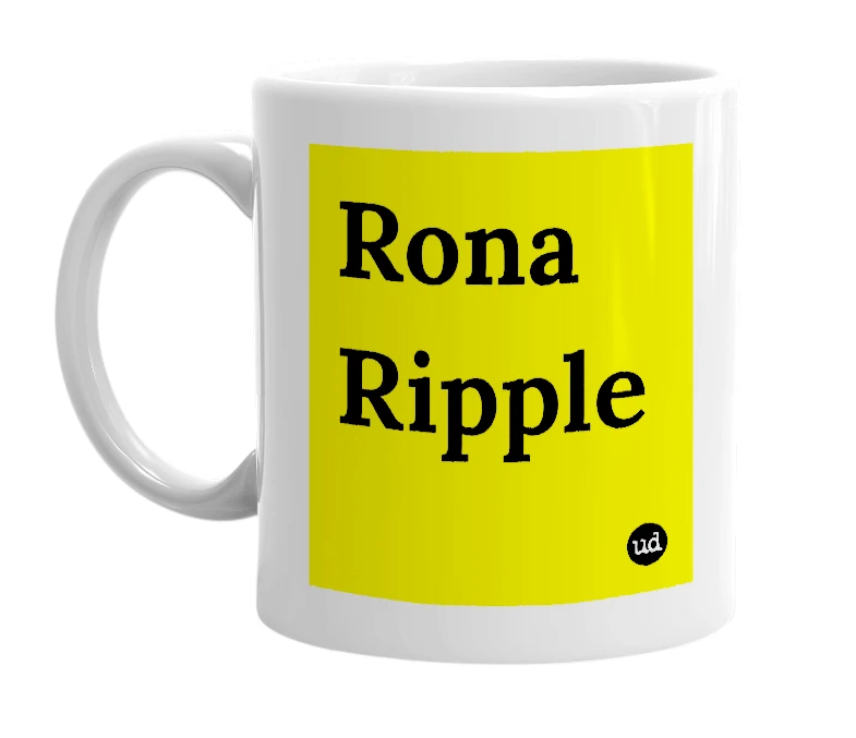 White mug with 'Rona Ripple' in bold black letters
