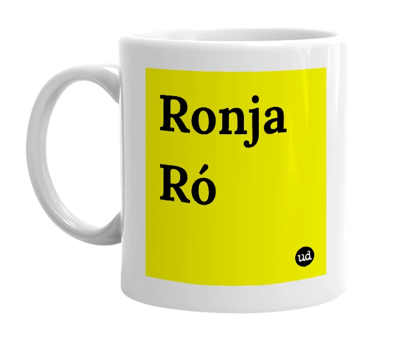 White mug with 'Ronja Ró' in bold black letters