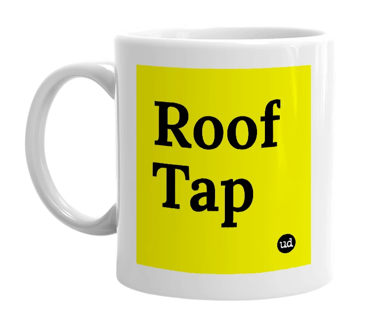 White mug with 'Roof Tap' in bold black letters