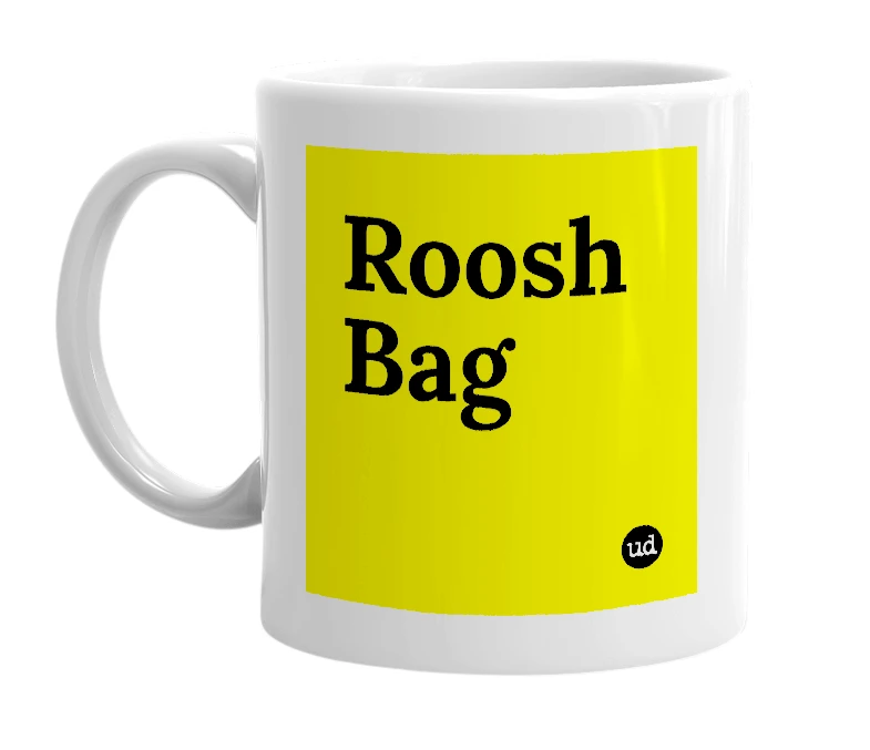 White mug with 'Roosh Bag' in bold black letters