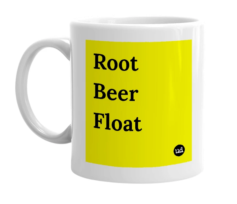 White mug with 'Root Beer Float' in bold black letters