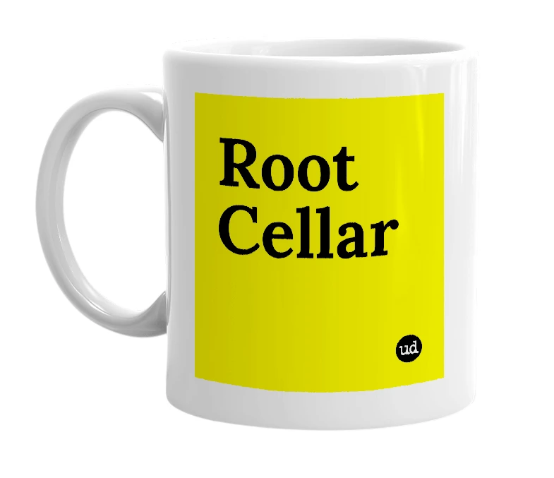 White mug with 'Root Cellar' in bold black letters