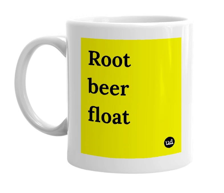 White mug with 'Root beer float' in bold black letters