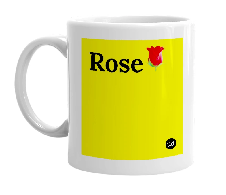 White mug with 'Rose🌹' in bold black letters