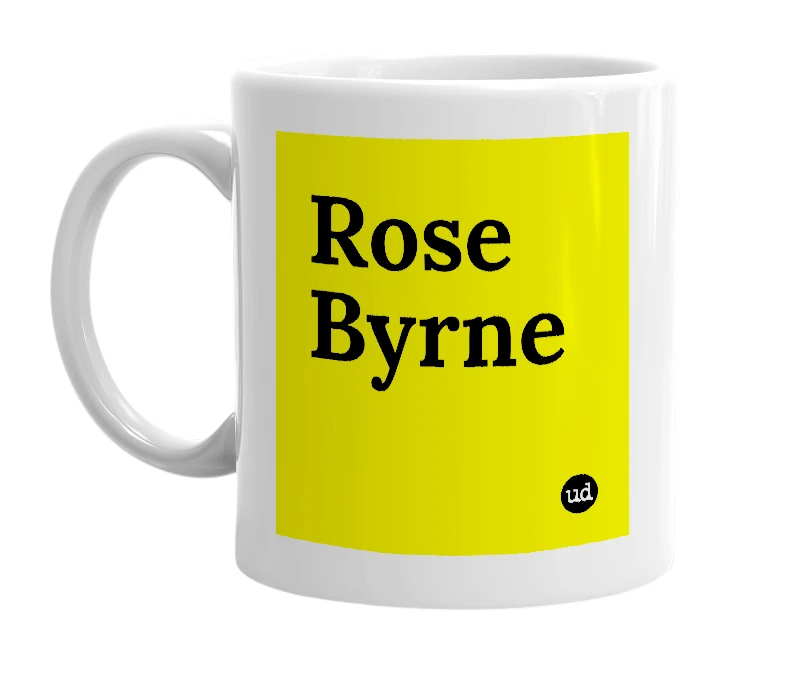 White mug with 'Rose Byrne' in bold black letters