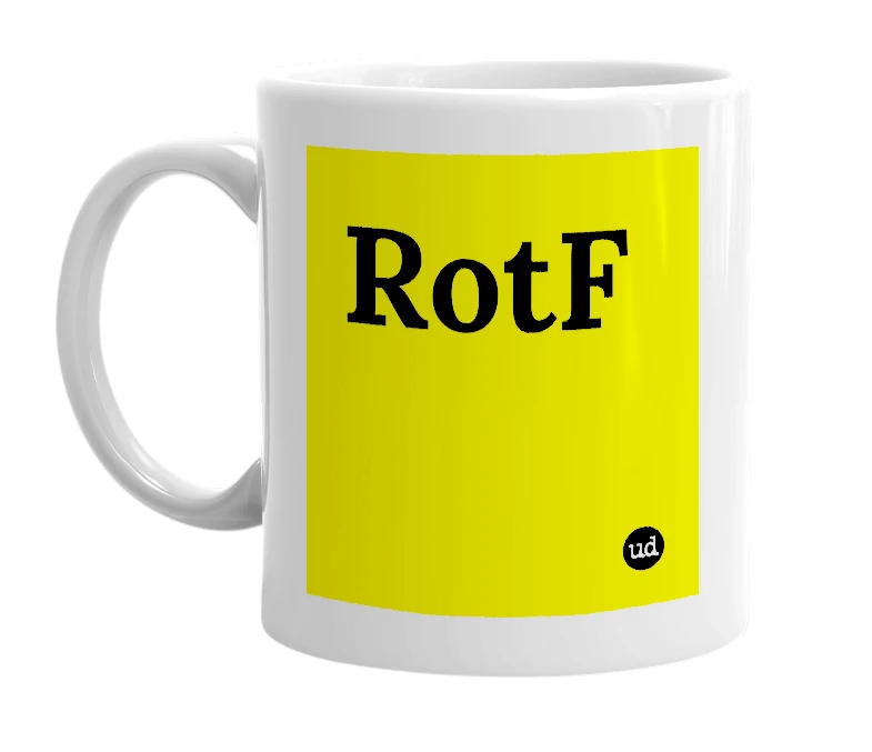 White mug with 'RotF' in bold black letters