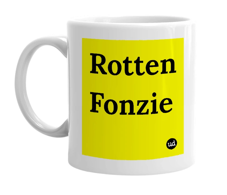 White mug with 'Rotten Fonzie' in bold black letters