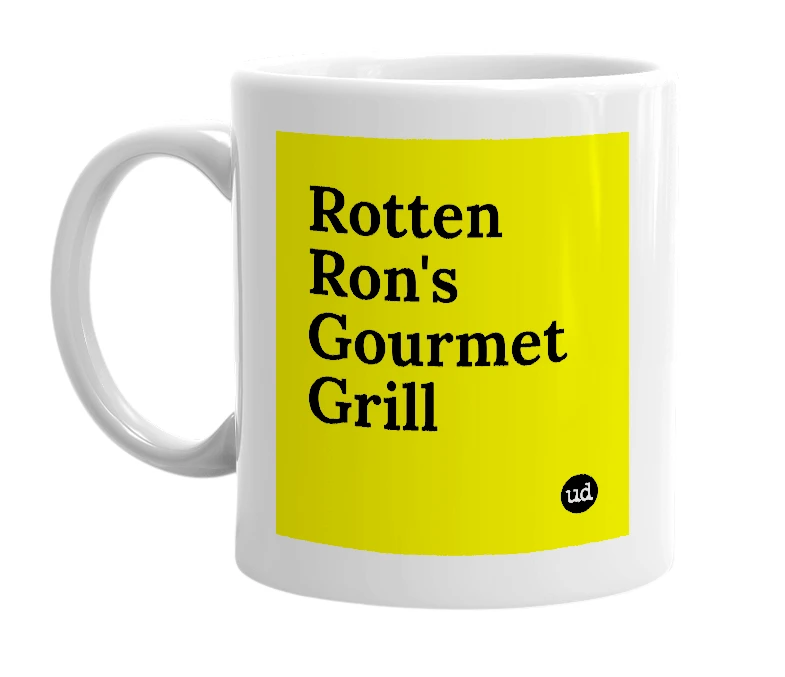 White mug with 'Rotten Ron's Gourmet Grill' in bold black letters