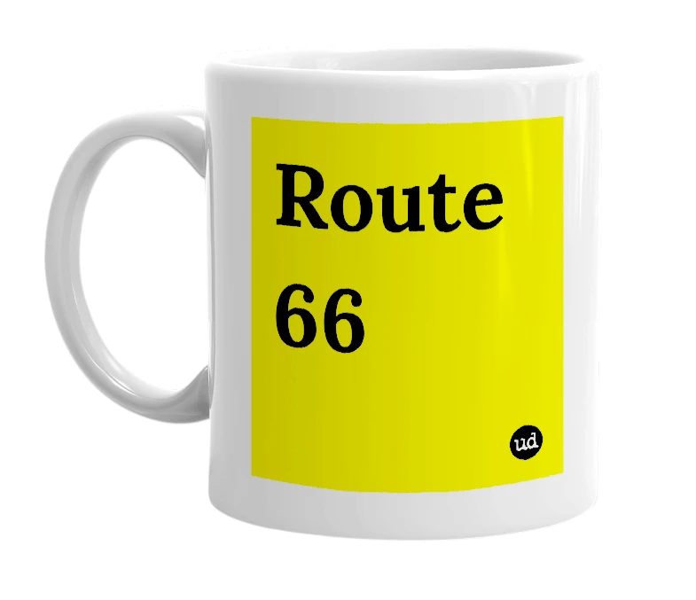 White mug with 'Route 66' in bold black letters