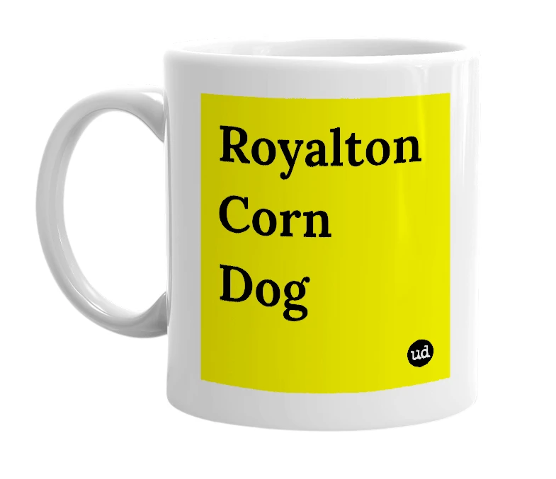 White mug with 'Royalton Corn Dog' in bold black letters