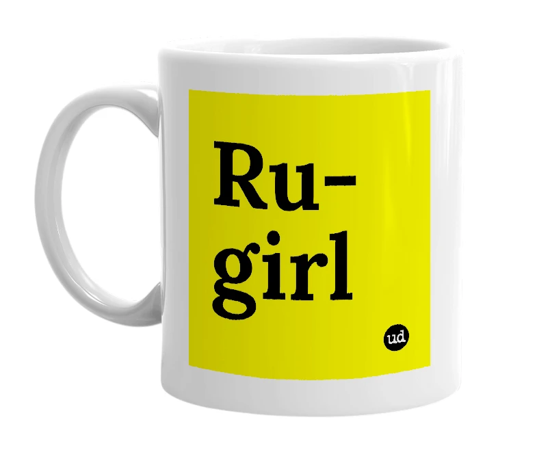 White mug with 'Ru-girl' in bold black letters