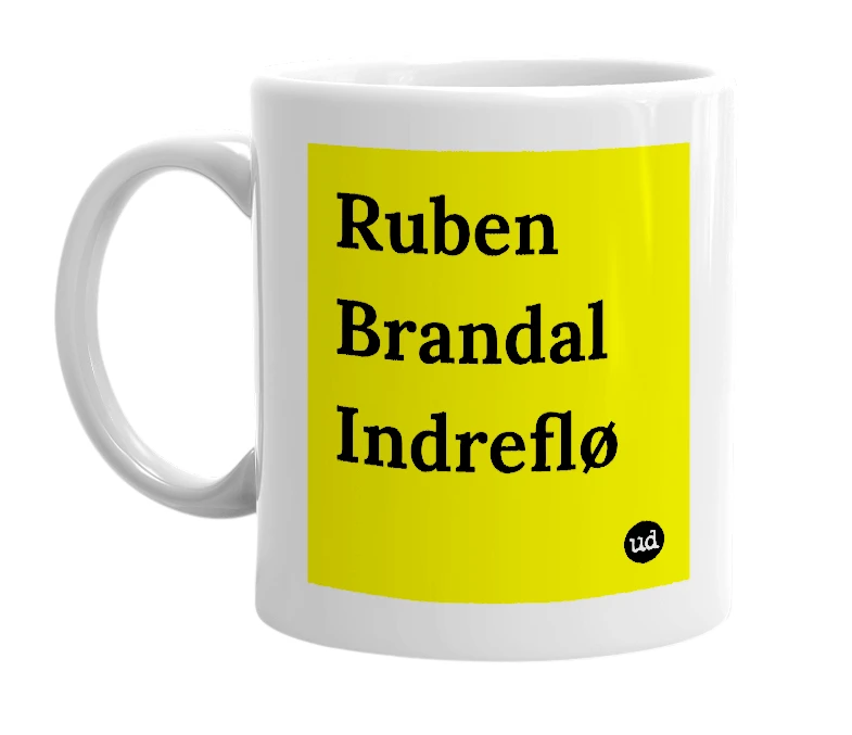 White mug with 'Ruben Brandal Indreflø' in bold black letters