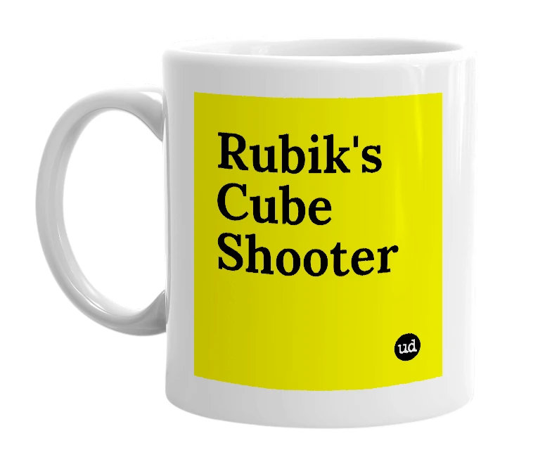 White mug with 'Rubik's Cube Shooter' in bold black letters