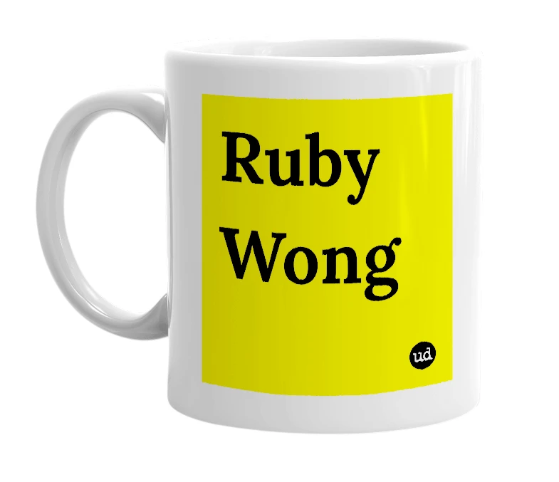 White mug with 'Ruby Wong' in bold black letters