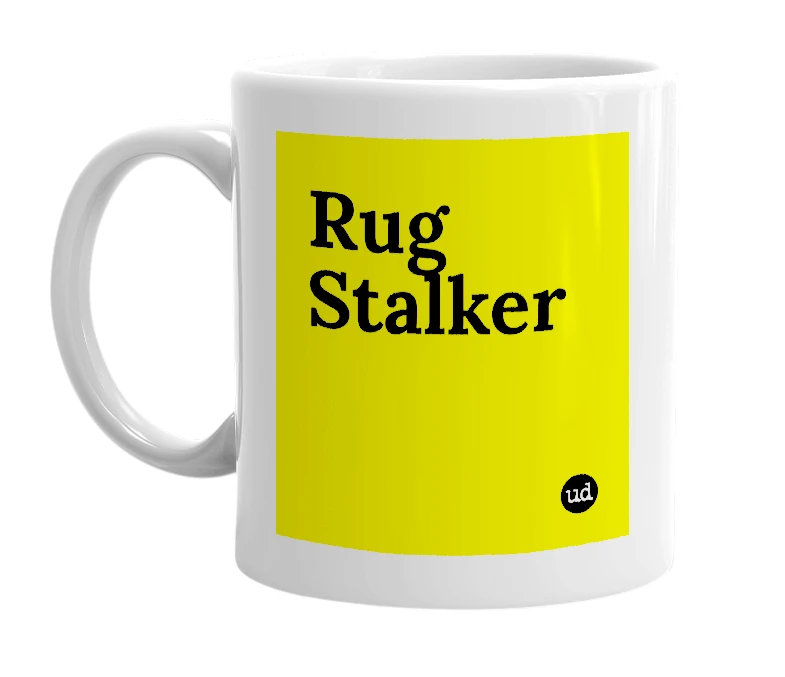 White mug with 'Rug Stalker' in bold black letters